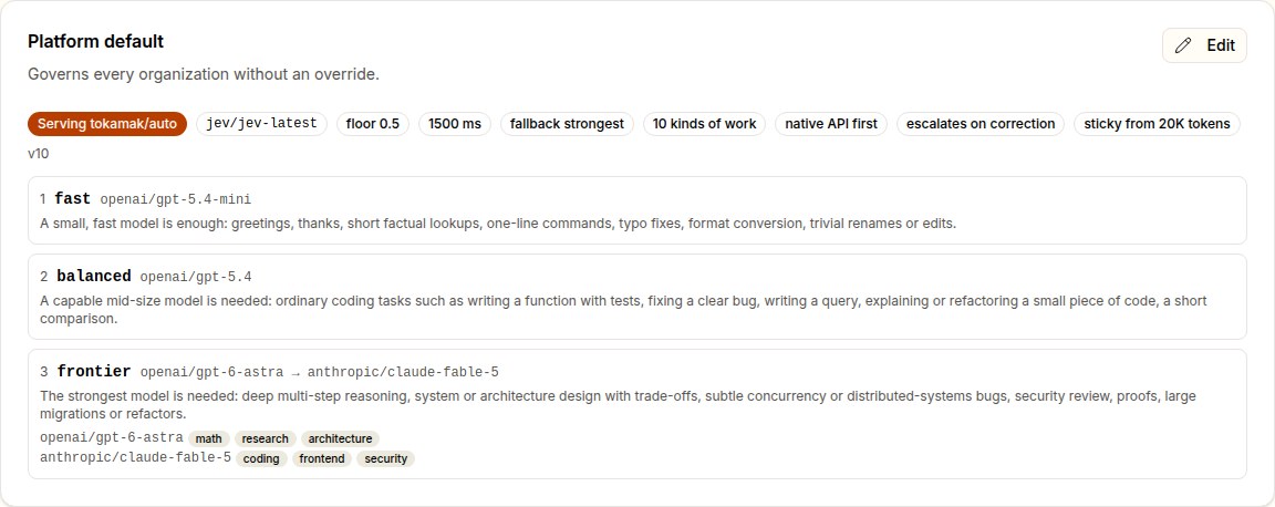 The platform default policy in the admin console: status and settings badges above three tiers, the frontier tier listing two models with their strengths