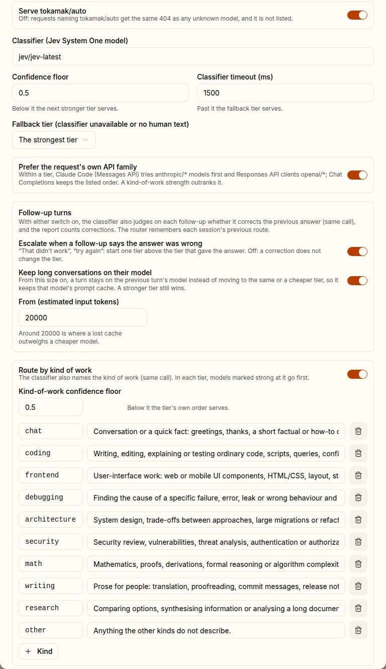The policy editor's settings: serve switch, classifier, confidence floor, timeout, fallback tier, API-family preference, the Follow-up turns section with two switches and a token threshold, and the kinds of work