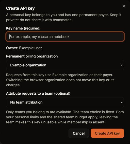 Create API key dialog with key name, permanent billing organization, and team attribution fields.