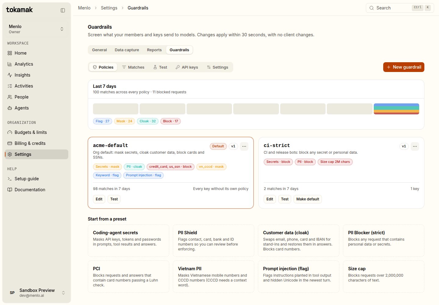 The Guardrails policies tab: a 7-day match bar with flag 27, mask 24, cloak 32 and block 17, the default policy acme-default and a second policy ci-strict, and eight presets below