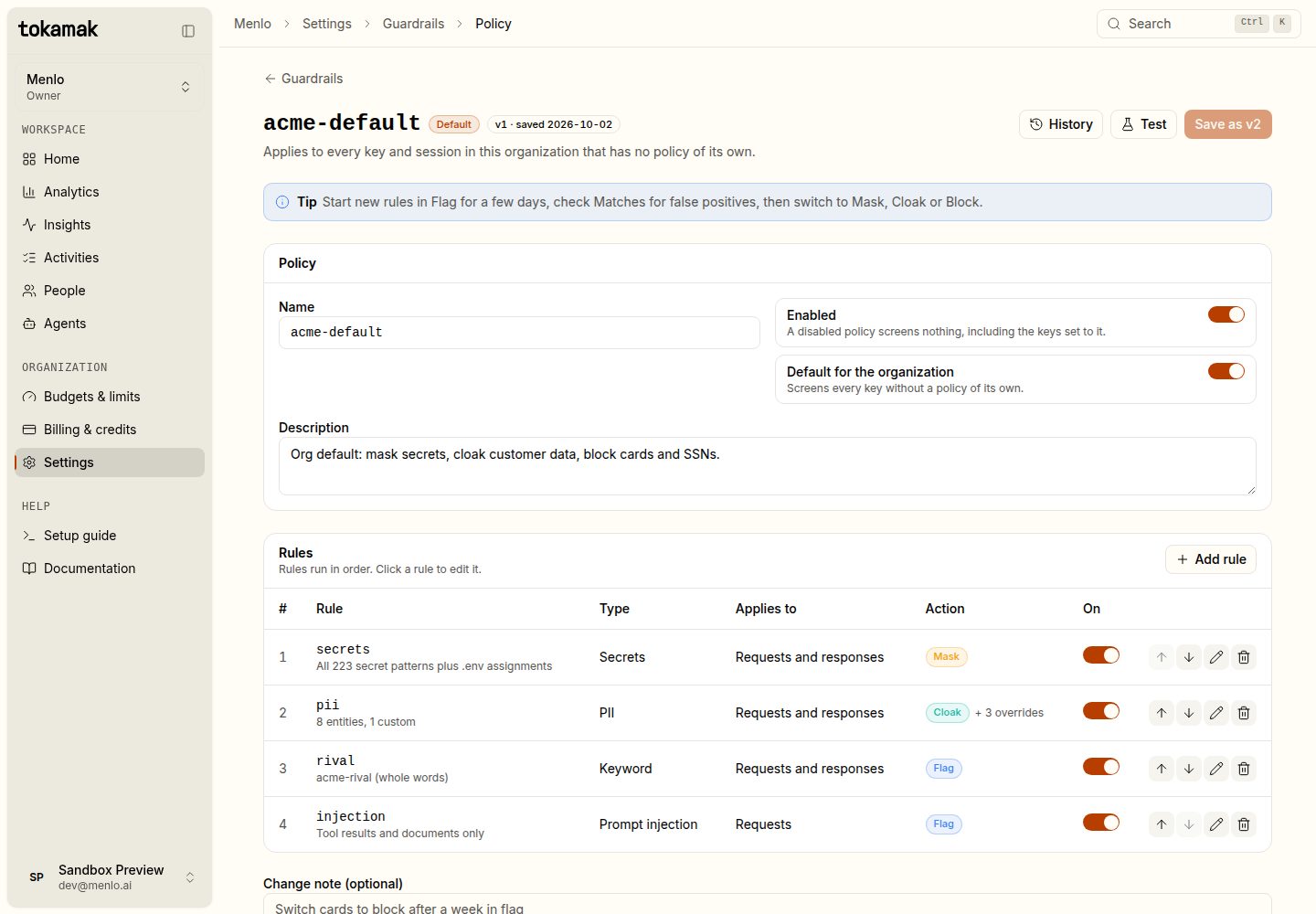 The policy editor for acme-default: name, description, and four rules in order: secrets, pii, rival and injection