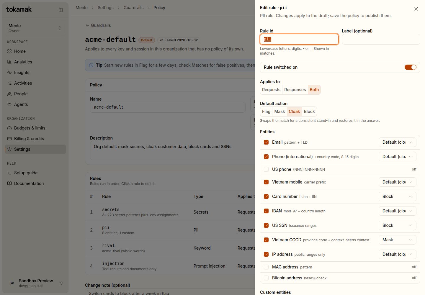 The rule drawer for the pii rule: applies to both requests and responses, default action cloak, card number and US SSN set to block, Vietnam CCCD set to mask