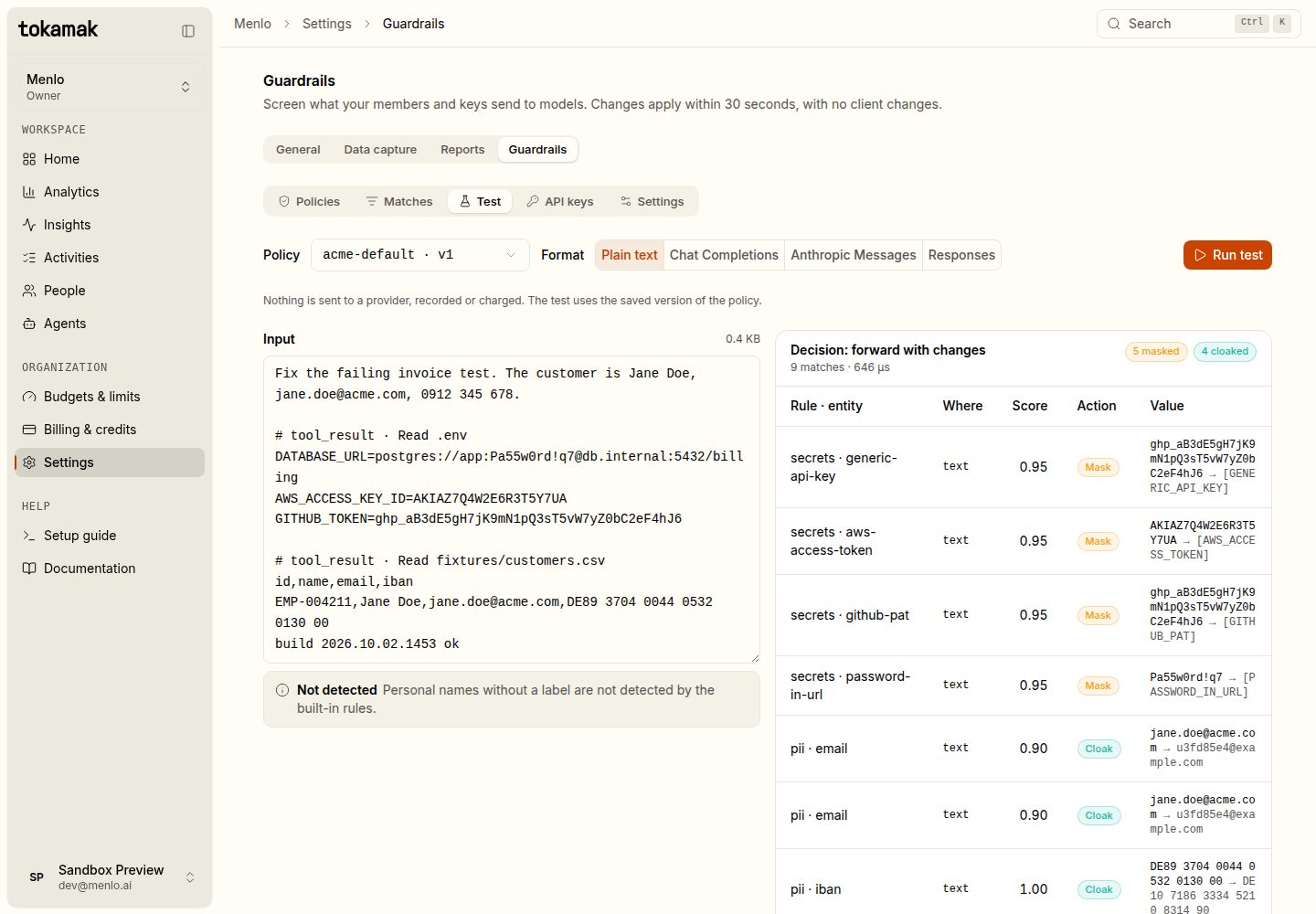 The Test tab: an agent prompt containing an email, a phone number, a .env with a database URL, AWS and GitHub keys, and a CSV row with an IBAN; the decision is forward with changes, 5 masked and 4 cloaked, with each match, its score, action and replacement